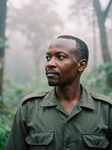 A close-up documentary portrait of an expert Ugandan safari guide in a dark green uniform, looking thoughtfully into the misty Bwindi forest, soft overcast light, 35mm film