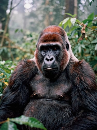 A close-up portrait of a mountain gorilla sitting in the dense green foliage of Bwindi Forest, misty background, soft overcast light, 35mm film
