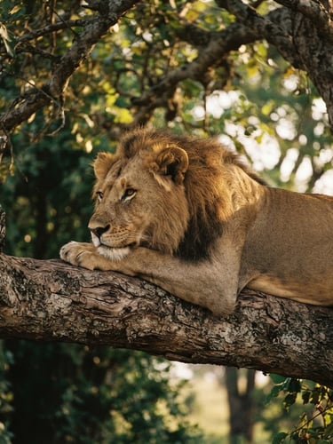 A close-up of a tree-climbing lion resting on a thick sycamore fig branch in Ishasha, soft golden-hour light filtering through leaves, atmospheric 35mm film style