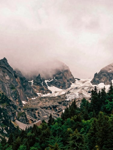 Dramatic high-contrast view of Margherita Peak shrouded in heavy mountain mist, jagged dark rock faces and glaciers under soft overcast alpine light, 35mm film.
