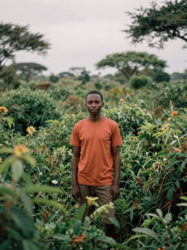 Candid portrait of an East African safari guide tracking through dense green foliage, soft overcast light, warm terracotta accents, documentary style
