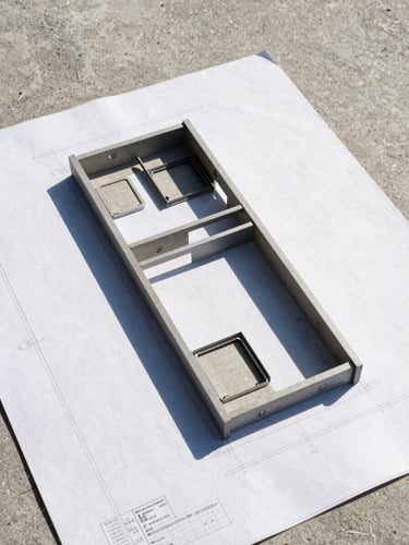 Architectural site plans resting on a raw concrete surface, sharp shadows, high-contrast daylight, 35mm