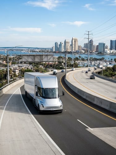 Wide environmental shot of a modern transport vehicle on a clean San Diego highway under bright daylight, crisp industrial photography, high-contrast tones, wide-angle lens