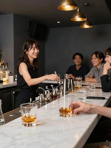 A warm, friendly Japanese woman smiling behind a dark wood counter, pouring a drink with care, soft amber lighting, vintage film look, cozy atmosphere