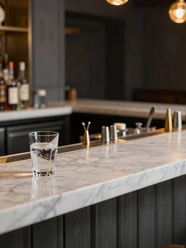 A close-up portrait of a warm wooden bar counter, a single amber glass of whiskey with a clear ice sphere, soft glowing lantern light in the background, cozy retro atmosphere, shallow depth of field
