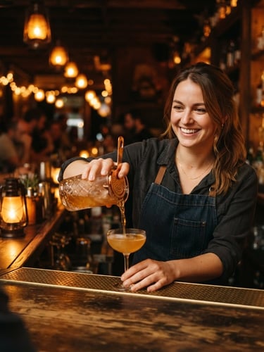 A warm close-up of a smiling female bartender pouring a drink behind a dark wooden counter, soft amber lantern glow in the background, 35mm film style
