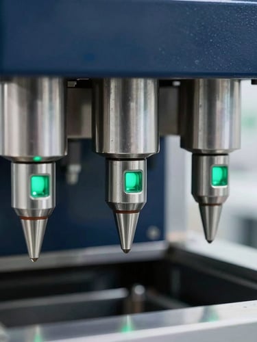 Macro close-up of high-speed liquid filling machinery on an automated FMCG production line, stainless steel nozzles, sharp focus, technical emerald green status indicators, crisp studio lighting