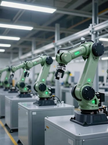 Wide angle shot of a clean, high-tech automated factory floor in Accra, robotic arms operating under crisp cool studio lighting with sharp green LED indicators, deep slate tones, 35mm lens