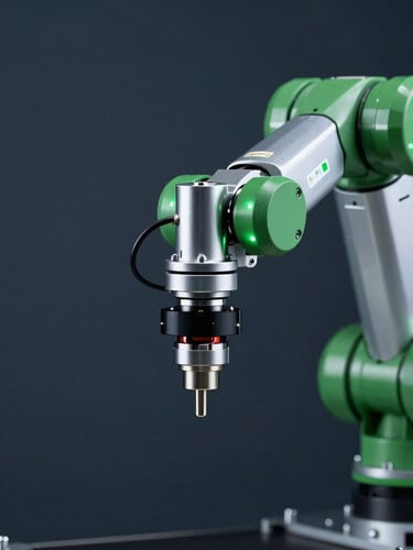 Macro close-up of a high-tech robotic packing arm in motion, sharp focus, cool studio strobes with emerald green LED highlights, deep slate background.