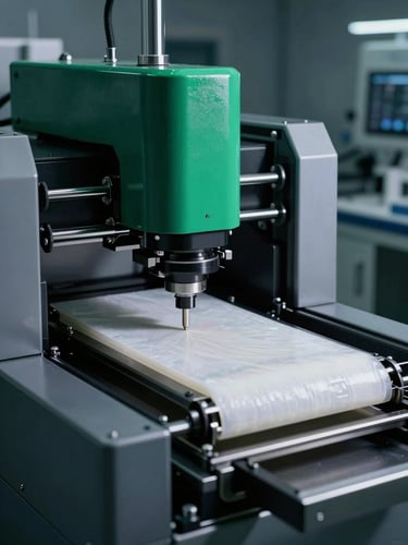 Precision automated tissue folding and packaging machinery, cleanroom environment, cool crisp lighting with tech-emerald accents, high-contrast shadows