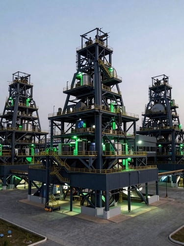 Wide panoramic environmental shot of the expansive Accra industrial facility, modern steel architecture, clean tech-emerald green lighting accents, high-contrast shadows