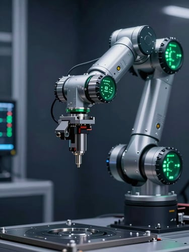 Close-up of high-precision robotic arm operating under crisp studio lighting with tech-emerald green indicators, deep slate industrial setting, sharp focus
