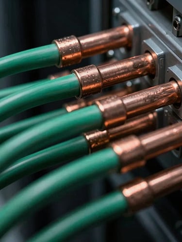 Macro close-up of thick copper electrical conduits and green fiber optic routing cables within a clean energy substation, technical precision, high-contrast lighting, 35mm