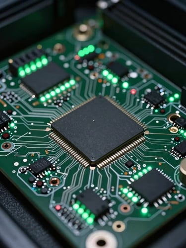 Macro close-up of a high-density server motherboard, green LED indicators glowing on silicon pathways, clean technical 35mm photography.