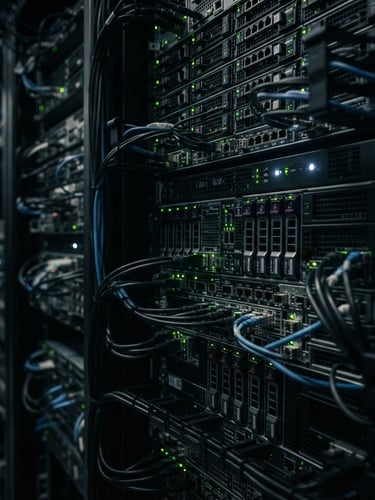 Macro close-up of high-density server racks with subtle green LED indicators, moody server room lighting, sharp green and cool white accents, technical macro, 35mm