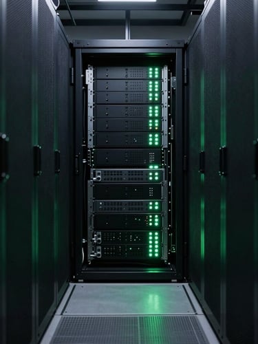Symmetrical long shot of a clean, dark server room aisle with cold green LED indicators, low-key atmospheric lighting, technical 35mm photography