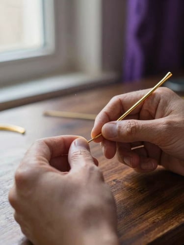 Close-up of artisan hands shaping gold wire on a dark wooden workbench, soft directional window light, dust particles visible in the air, shallow depth of field.