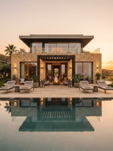Symmetrical architectural shot of a modern luxury villa in Algarve, warm golden-hour sunlight reflecting on a quiet pool, high-end stone finishes, editorial style