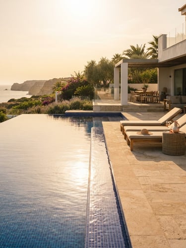 Warm editorial photography of a sun-drenched luxury villa pool terrace in the Algarve, golden-hour sunlight reflecting on calm water, clean architectural lines, 35mm