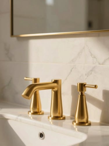 Close-up of a luxury bathroom renovation in Algarve, brushed gold brass fixtures, bookmatched white marble walls, soft natural light, architectural detail, high-end craftsmanship, 35mm