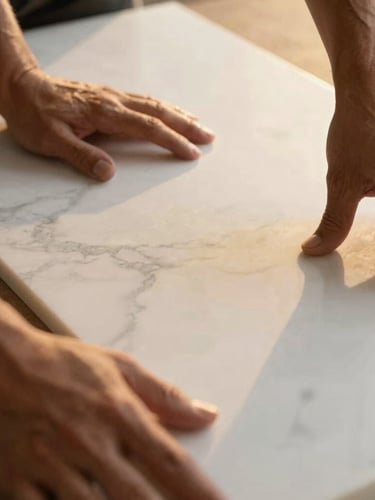 Close-up of premium architectural materials, hands of a craftsman touching a smooth white marble slab with subtle grey veins, golden-hour light
