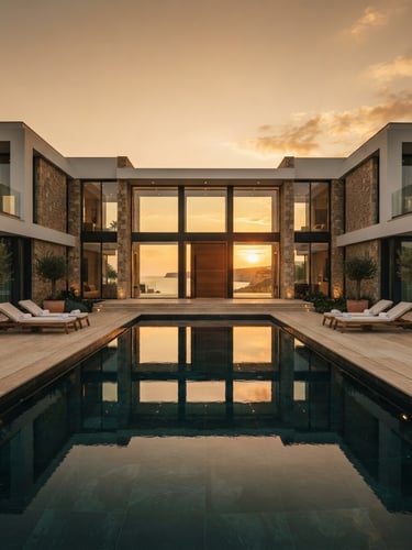Symmetrical architectural shot of a modern luxury villa in Algarve, golden hour sunlight reflecting off a pristine infinity pool, clean lines, high-end real estate photography, 35mm