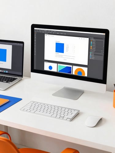 Bright high-key photography of a modern creative workspace, clean desktop setup with design mockups, safety orange details, natural daylight, 35mm
