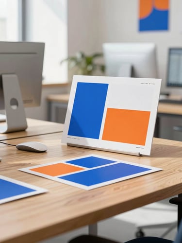Bright modern creative studio workspace with natural daylight, clean oak desks, physical brand mockups with subtle blue and orange accents, sharp 35mm photography