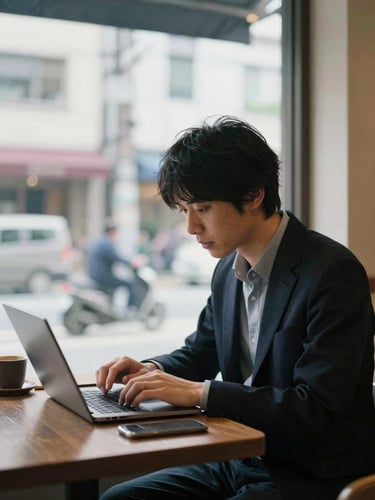 Editorial photojournalism, a professional journalist writing on a laptop in a quiet Tokyo cafe, street scene visible through the window, natural overcast light