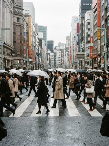 Editorial photojournalism, natural overcast daylight, a busy street corner in Ginza, Tokyo, with pedestrians crossing under gray skies, 35mm documentary style