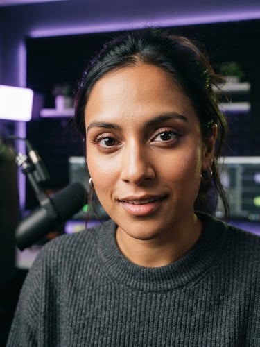 Tight macro shot of a professional creator in a modern home studio with subtle neon violet edge lighting, looking directly at a camera, sharp focus, 35mm lens