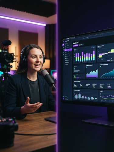 A split-screen composition showing a professional creator in a modern studio setting alongside a clean analytical dashboard overlay, neon violet edge lighting, sharp focus, 35mm lens.