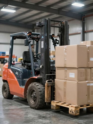 Close-up wide shot of a heavy forklift moving large industrial pallets inside a warehouse under fluorescent overhead lights, motion blur on the forks, concrete floor visible, no people in frame