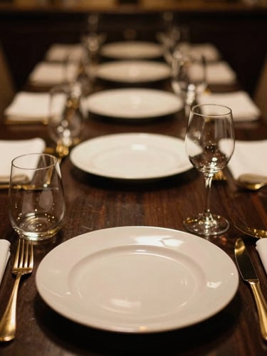 Elegant close-up of a perfectly aligned VIP dining setup, warm low-key ambient lighting, gold accents on dark table, shallow depth of field, 35mm film