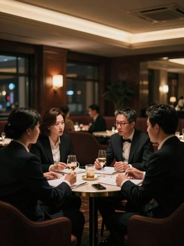 Atmospheric portrait of sophisticated hospitality organizers discussing plans in a refined, warm-lit lounge, low-key lighting, rich tones, 35mm film