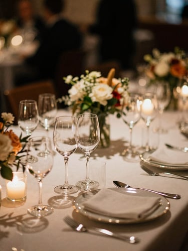 Close-up of a perfectly set VIP hospitality table at a prestigious Belgian cycling event, warm low-key ambient lighting reflecting off crystal glassware, elegant floral arrangements, shallow depth of field, 35mm film.