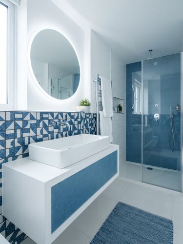 Wide shot of a sleek, modern bathroom installation with a large basin and minimalist mixer tap, bright cool daylight, bold blue and white tones, crisp clean focus, 35mm lens, image bleeding right.