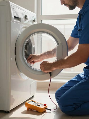 Close environmental shot of a technician kneeling beside an open washing machine in a Dubai apartment laundry room, hands reaching into the drum housing with a diagnostic multimeter resting on the floor, warm daylight from a nearby window catching dust motes in the air