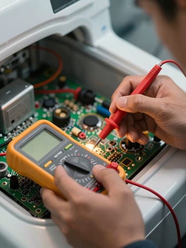Close-up of a technician's hand holding a multimeter probe against a washing machine circuit board, warm tungsten work light casting a focused glow, organized tools visible in soft background blur