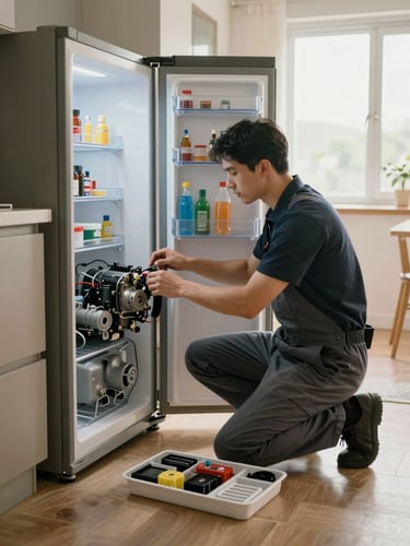 Wide shot of a technician kneeling beside an open refrigerator in a real apartment kitchen, organized parts tray on the floor beside him, warm daylight from a window to the right, technician focused on the compressor housing