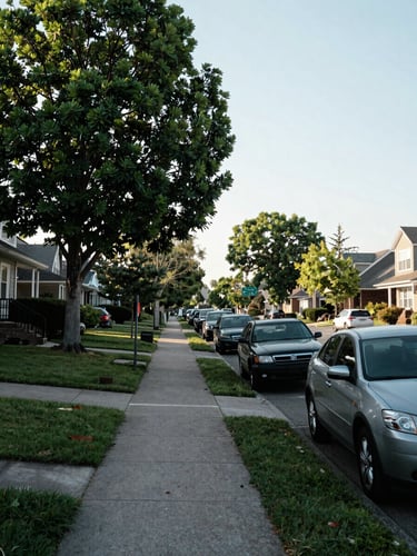 Wide residential street view mid-morning, tree-lined sidewalk in a mature neighborhood, parked cars and modest front yards under flat natural daylight, no filters, shot from pavement level looking down the block