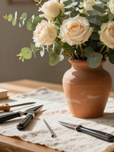 A cozy, sunlit home workspace with a terracotta vase filled with eucalyptus and soft cream-colored roses, clean tools laid out on a linen cloth.