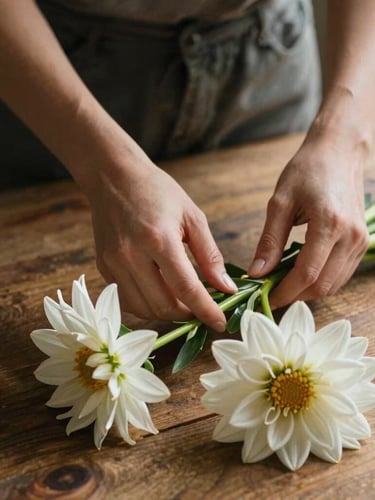 Primer plano de manos femeninas recortando delicadamente tallos de dalias frescas sobre una mesa de madera rústica, luz natural suave de mañana.