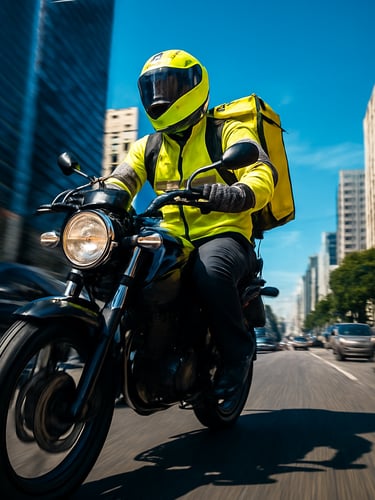 Dynamic low-angle shot of a motorcycle courier in high-visibility gear riding through São Paulo traffic, motion blur, daylight