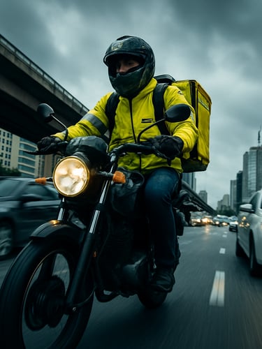 Dynamic low-angle shot of a motorcycle courier in a high-visibility yellow jacket riding through São Paulo traffic, motion blur, overcast urban sky, 35mm lens