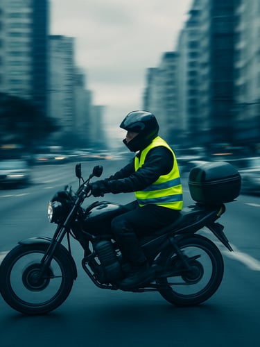 A professional motorcycle courier in high-visibility yellow vest riding safely through São Paulo urban avenue, overcast daylight, motion blur, 35mm lens.