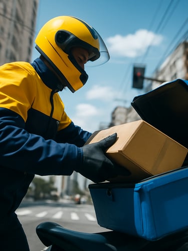 Dynamic low-angle shot of a secured parcel being loaded onto a motorcycle delivery box, high-contrast daylight, yellow and deep blue courier gear, São Paulo street background.