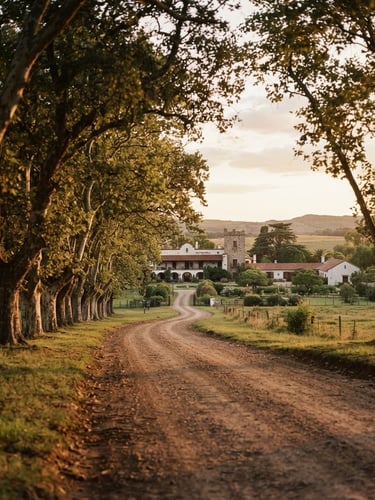 Warm editorial landscape of a quiet dirt road lined with ancient trees leading to an Argentine estancia, golden hour light, 35mm film