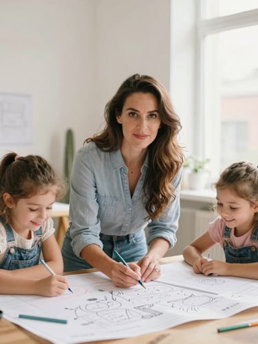 Warm editorial portrait of a confident woman architect working at a large wooden table covered in blue prints, her two daughters drawing happily beside her in a bright, daylight-filled studio, soft vibrant tones