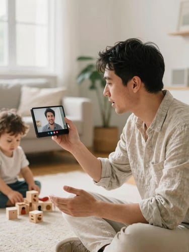 A focused father wearing a linen shirt, speaking on a video call in a beautifully lit home office, a toddler playing with wooden blocks on the rug nearby, warm editorial style, 35mm look.